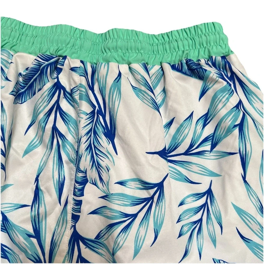 Unbranded Mens White XL Board Shorts Blue & Green Palm Fronds Pockets Green Trim